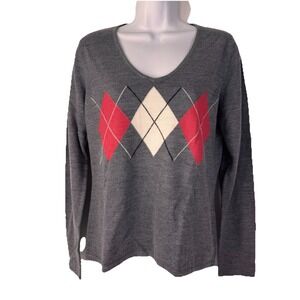 NY&C Argyle V-Neck Pullover Sweater Women's Medium Gray Red Acrylic Hong Kong